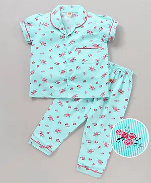 Dew Drops Cotton Half Sleeves Pajama Set Floral Printed - Blue