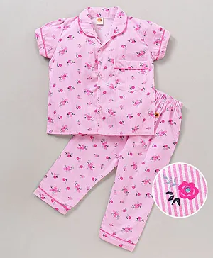 Dew Drops Cotton Half Sleeves Pajama Set Floral Printed - Pink