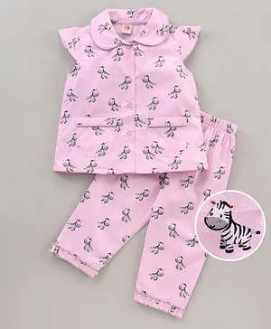 Dew Drops Cotton Half Sleeves Pyjama Set Animal Print - Pink