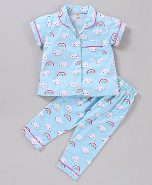 Dew Drops Half Sleeves Top & Pyjama Set Cloud & Rainbow Print - Blue