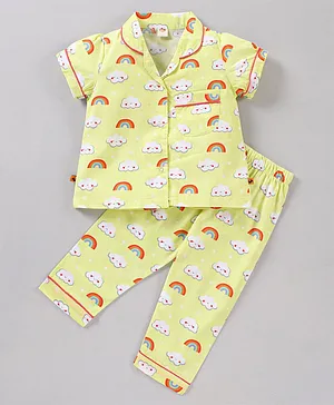 Dew Drops Half Sleeves Top & Pyjama Set Cloud & Rainbow Print - Yellow