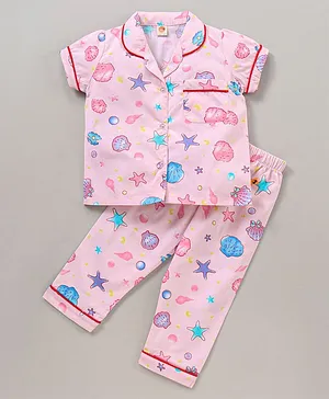 Dew Drops Half Sleeves Top & Pyjama Set Multi Print - Peach