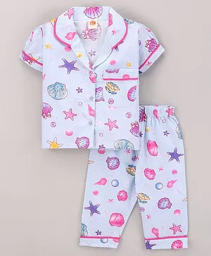 Dew Drops Half Sleeves Top & Pyjama Set Multi Print - Navy