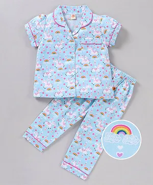 Dew Drops Half Sleeves Top & Pyjama Set Unicorn & Rainbow Print - Blue