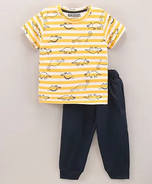 Rikidoos Half Sleeves Striped And Dino Print T Shirt With Jogger - Yellow Navy Blue