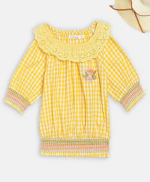 Elle Kids Half Sleeves Embroidered Chequered Top - Yellow