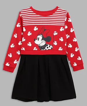 Blue Giraffe Full Sleeves Minnie Mouse Printed Dress - Red