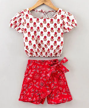 Kidcetra Puffed Sleeves Floral Motif Print Top With Floral Printed Skort - White Red