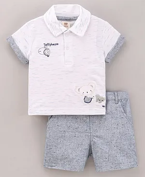 ToffyHouse Cotton Half Sleeves T-Shirt & Shorts Set Embroidered - White Grey