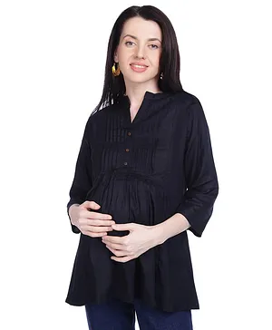 Mothersyard Three Fourth Sleeves Solid Maternity & Nursing Top - Black