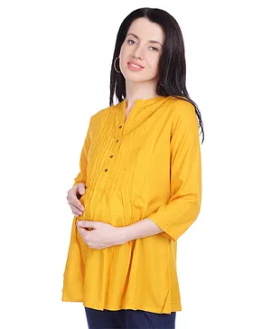 Mothersyard Three Fourth Sleeves Solid Maternity & Nursing Top - Mango Yellow