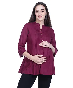 Mothersyard Three Fourth Sleeves Solid Maternity Top - Wine