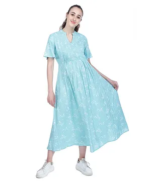Mothersyard Half Sleeves Floral Printed Maternity & Nursing Dress - Light Sea Green