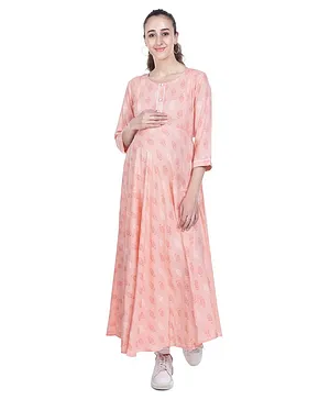 Mothersyard Half Sleeves Motif Printed Maternity & Nursing Dress - Peach