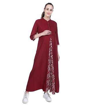 Mothersyard Half Sleeves Motif Printed Maternity & Nursing Dress - Maroon