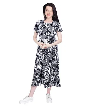 Mothersyard Half Sleeves Leaf Printed Maternity & Nursing Dress - Black