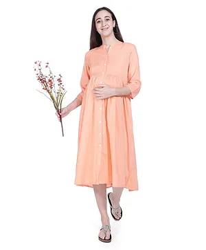 Mothersyard Three Fourth Sleeves Solid Maternity & Nursing Dress - Peach