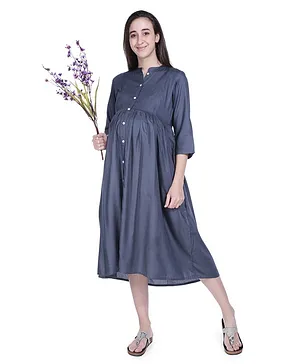 Mothersyard Three Fourth Sleeves Solid Maternity & Nursing Dress - Grey