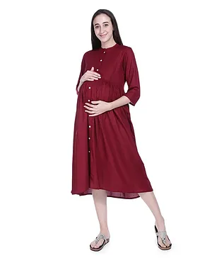 Mothersyard Three Fourth Sleeves Solid Maternity & Nursing Dress - Maroon