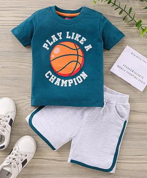 Babyhug Half Sleeves T-Shirt & Shorts Set Basketball Print - Blue