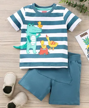 Babyhug Half Sleeves T-Shirt & Shorts Set Animal & Stripes Print - Blue