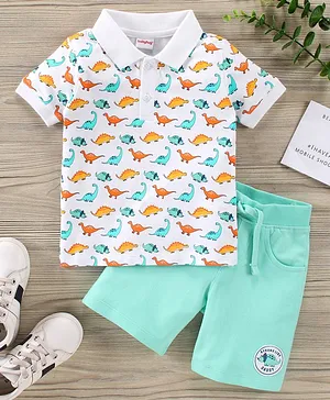Babyhug Half Sleeves T-Shirt & Shorts Set Dino Print - White Mint