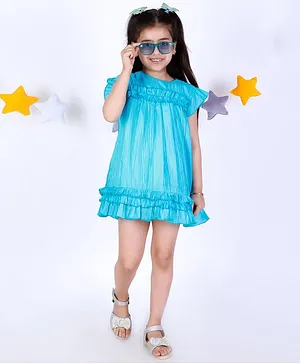 KIDSDEW Frill Sleeves Solid Frill Pleated A Line Dress - Blue