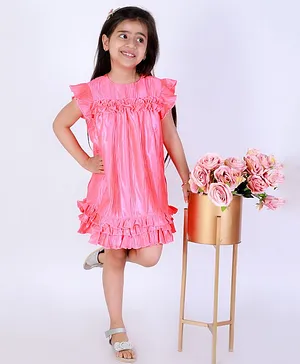 KIDSDEW Frill Sleeves Solid Frill Pleated A Line Dress - Pink