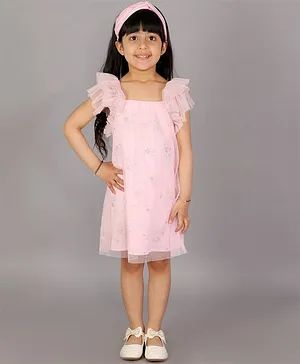 KIDSDEW Short Sleeves Stars Foil Print Dress With Hair Band - Pink