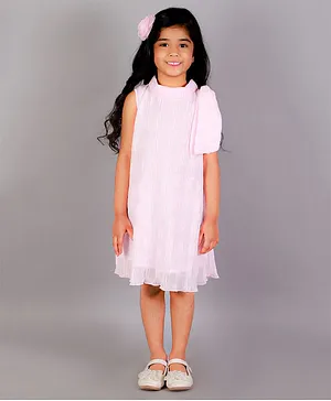 KIDSDEW Sleeveless Solid Pleated Detail A Line Dress With Shoulder Bow - Pink