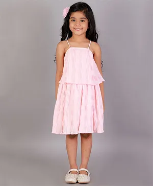 KIDSDEW Sleeveless Solid Pleated Detail Dress - Pink