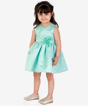 KIDSDEW Sleeveless Solid Front Waist Floral Corsage And Back Bow Detail Dress With Matching Bloomer - Green