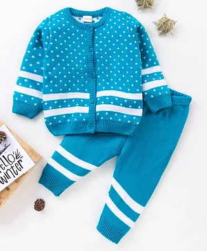 Babyhug Full Sleeves Sweater Set Polka Dots Design - Turquoise