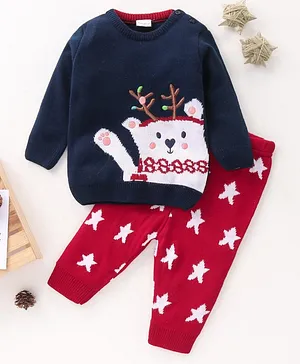 Babyhug Full Sleeves Sweater Set Animal & Star Design- Blue Red