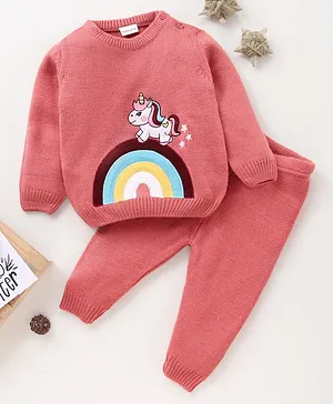 Babyhug Full Sleeves Sweater Set Rainbow & Unicorn  Design - Pink