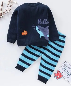 Babyhug Full Sleeves Knit Sweater Set Fish & Stripes Design- Navy Blue