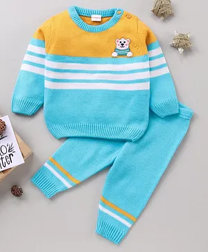 Babyhug Full Sleeves Color Block Sweater Set Stripes Design - Turquoise