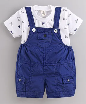 Dapper Dudes Half Sleeves Abstract Print Tee With Solid Dungaree - Navy Blue