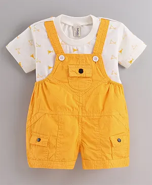 Dapper Dudes Half Sleeves Abstract Printed Tee With Solid Dungaree - Mustard Yellow