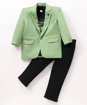 Dapper Dudes Full Sleeves Solid Blazer With Half Sleeves Berlin Print Tee And Bottom - Green