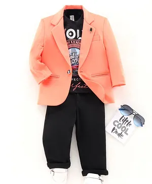 Dapper Dudes Full Sleeves Blazer With Evolve Print Tee & Solid Pants Set - Peach