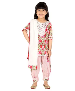 CHAKORI Three Fourth Sleeves Schiffli On Jaipuri Floral Printed Angrakha Kurta & Salwar With Dupatta - Pink
