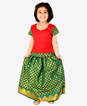 CHAKORI Cap Sleeves Pattu Pavdai Brocade Choli & Lehenga Set - Red & Green