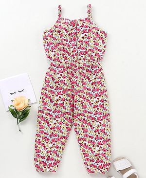 Babyhug 100% Cotton Singlet Sleeves Jumpsuit Floral Print - Pink