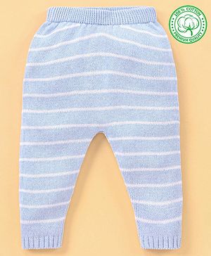 Babyhug 100% Organic Cotton Full Length Striped Fleece Pant - Blue