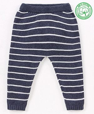 Babyhug 100% Organic Cotton Full Length Striped Fleece Pant - Navy
