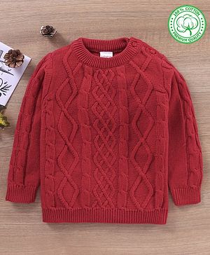 Babyhug 100% Organic Cotton Full Sleeves Cable Knit Sweater- Red