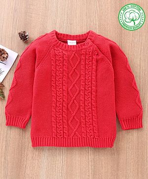 Babyhug 100% Organic Cotton Full Sleeves Cable Knit Sweater - Red