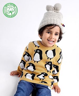 Babyhug 100% Organic Cotton Knit Full Sleeves Sweater Penguin Design- Yellow