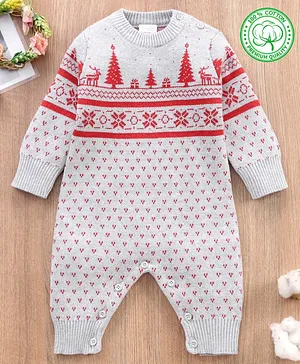 Babyhug 100% Organic Cotton Winter Wear Romper with Reindeer Print - Off White